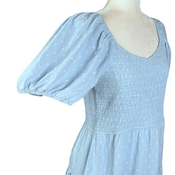 NEW PRETTY GARDEN L Maxi Dress Smocked Swiss Dot High Waist V Neck Tiered Blue - Picture 10 of 15